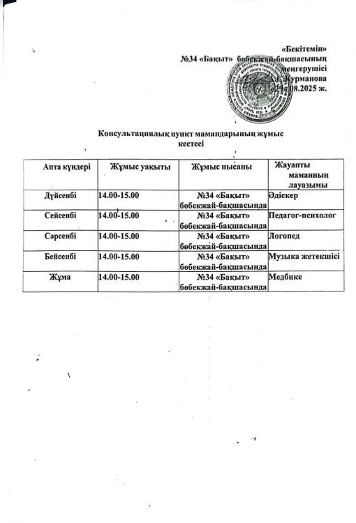 Консультауиялық пункт мамандарының жұмыс кестесі